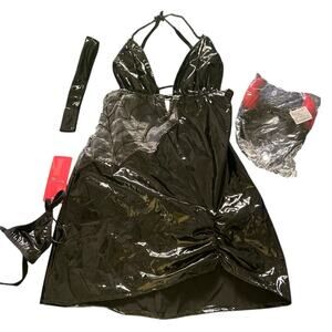 NIP Women's Vinyl Sexy Halloween Devil Lingerie Spider Web Headband Thong Sz M